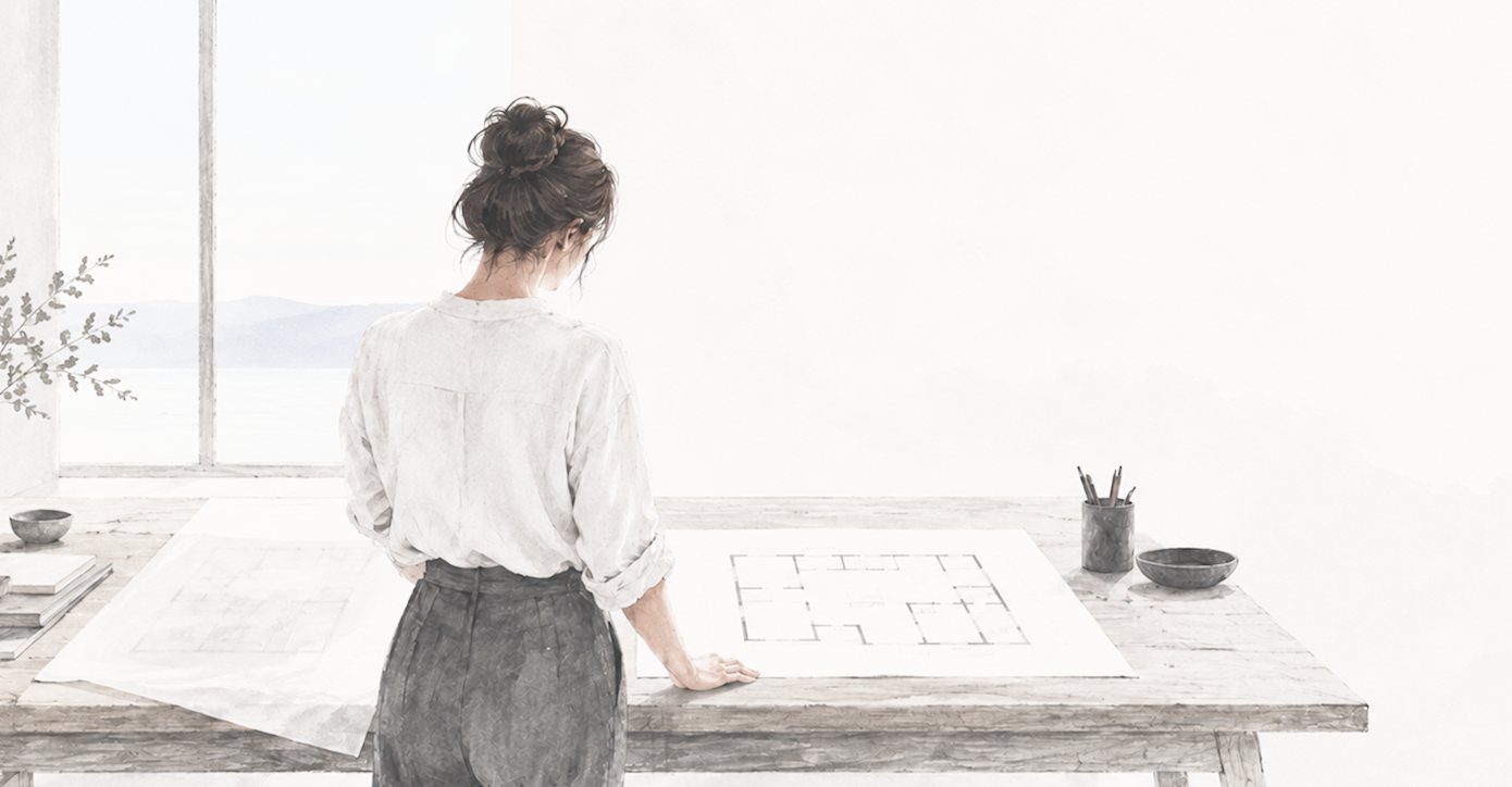 Watercolour of a woman at a drafting table studying a floor plan, with the sea through the window