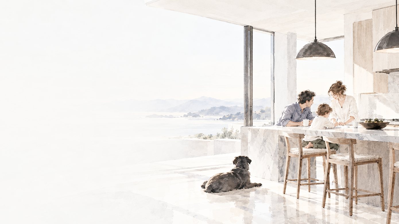 Watercolour of a family cooking together in a bright kitchen with their dog, sea view beyond