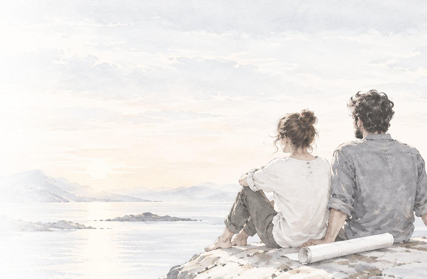 Watercolour of a couple sitting on a rock by the shore with a rolled-up floor plan, looking across the water